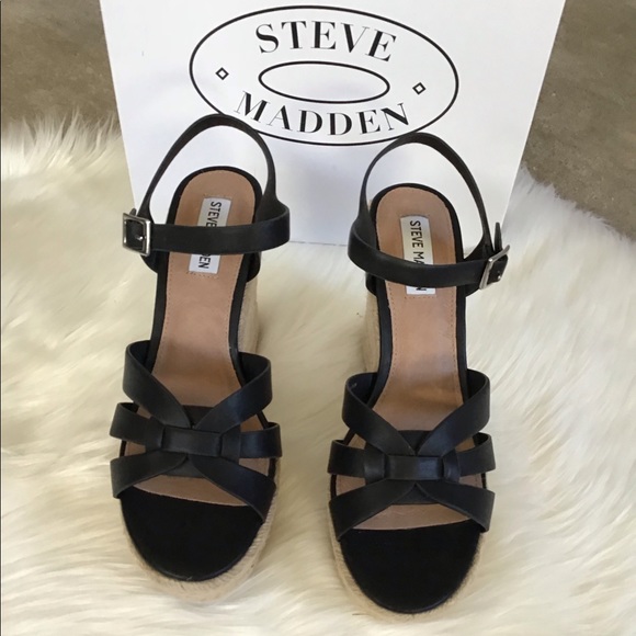 STEVE MADDEN Black Leather Espadrille Wedge Sandals - Picture 3 of 6